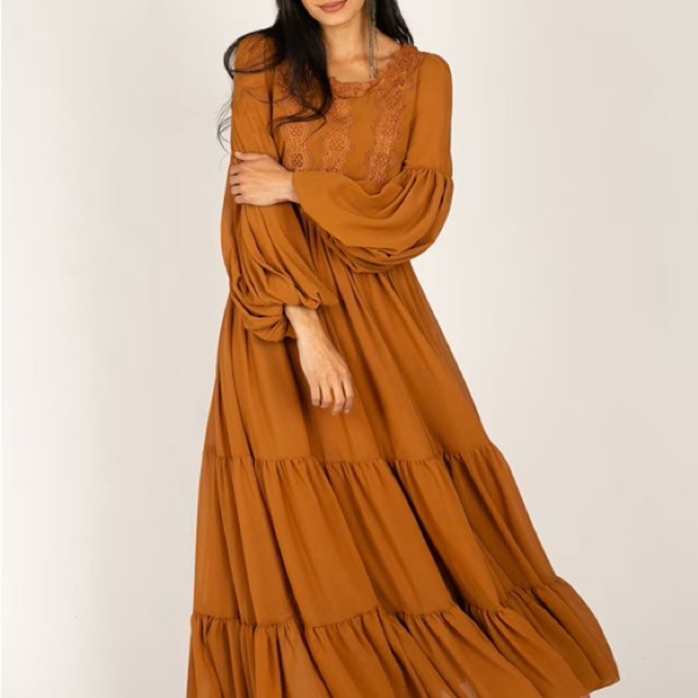 Joyfolie Margery Marigold chestnut Boho lace flowy ruffle Girl Dress Size 14 NEW - Picture 6 of 12